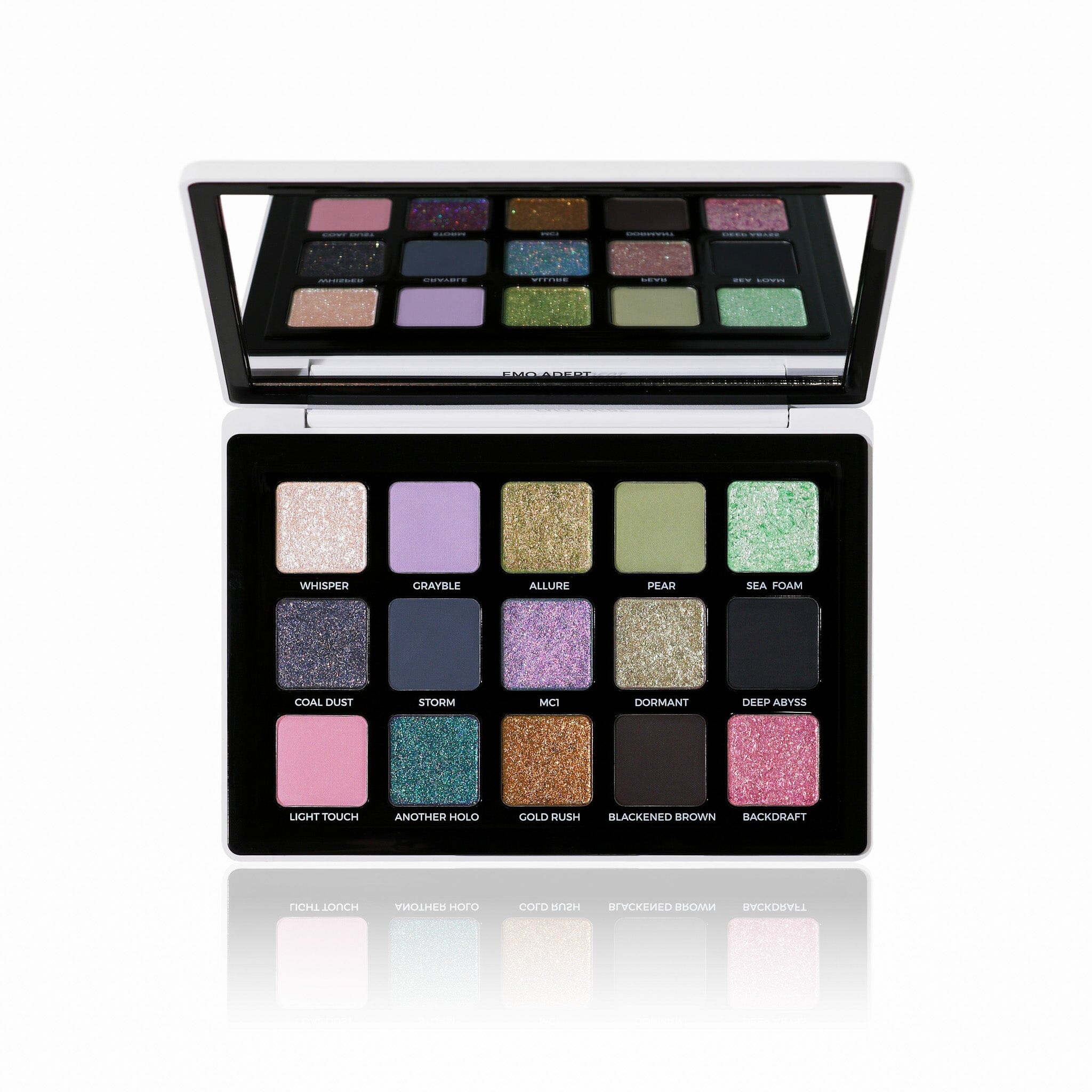 Multichrome holochrome high intensity shimmers and blendable mattes in Adept Cosmetics EMO palette