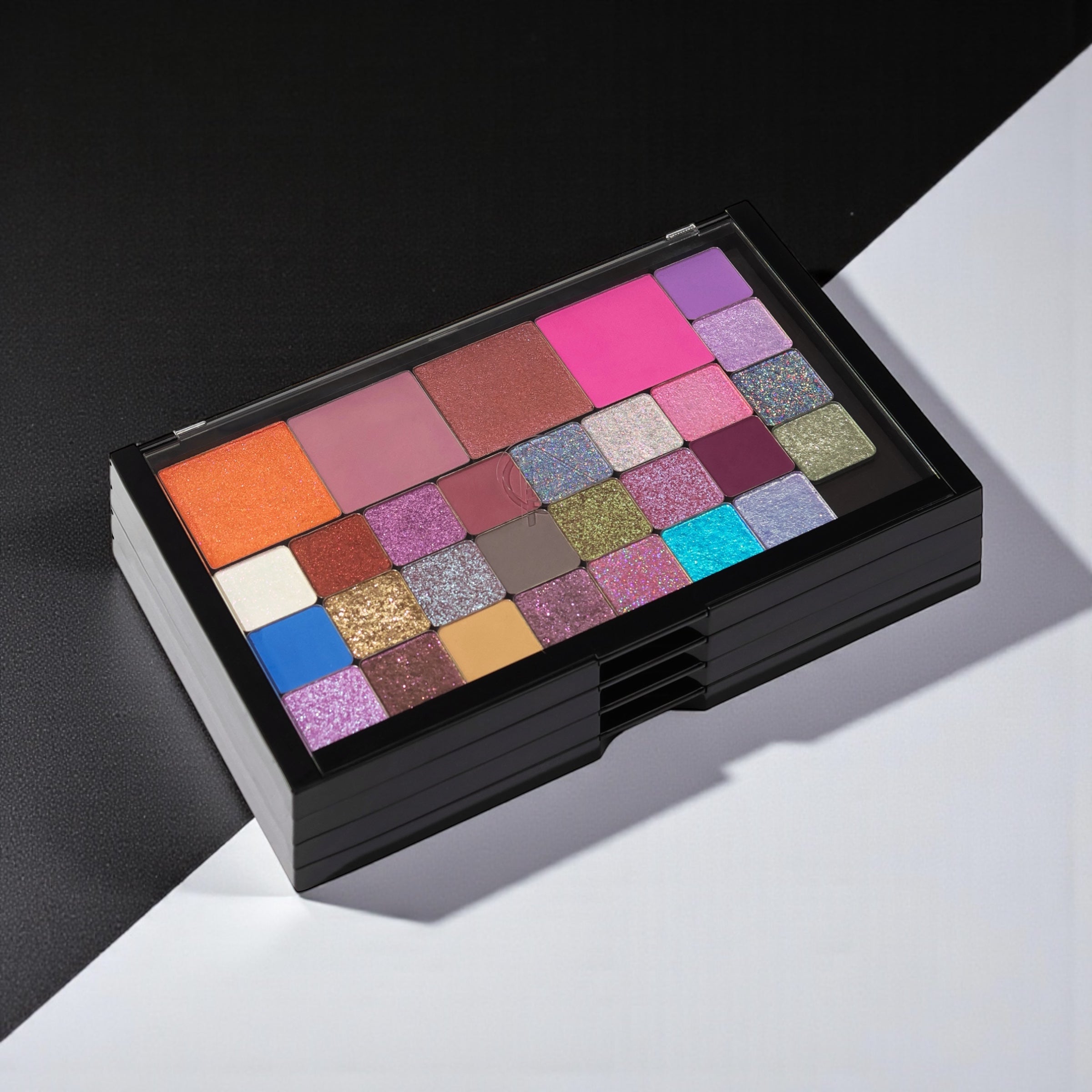 Magnetic makeup palette with various colors on a black and white background