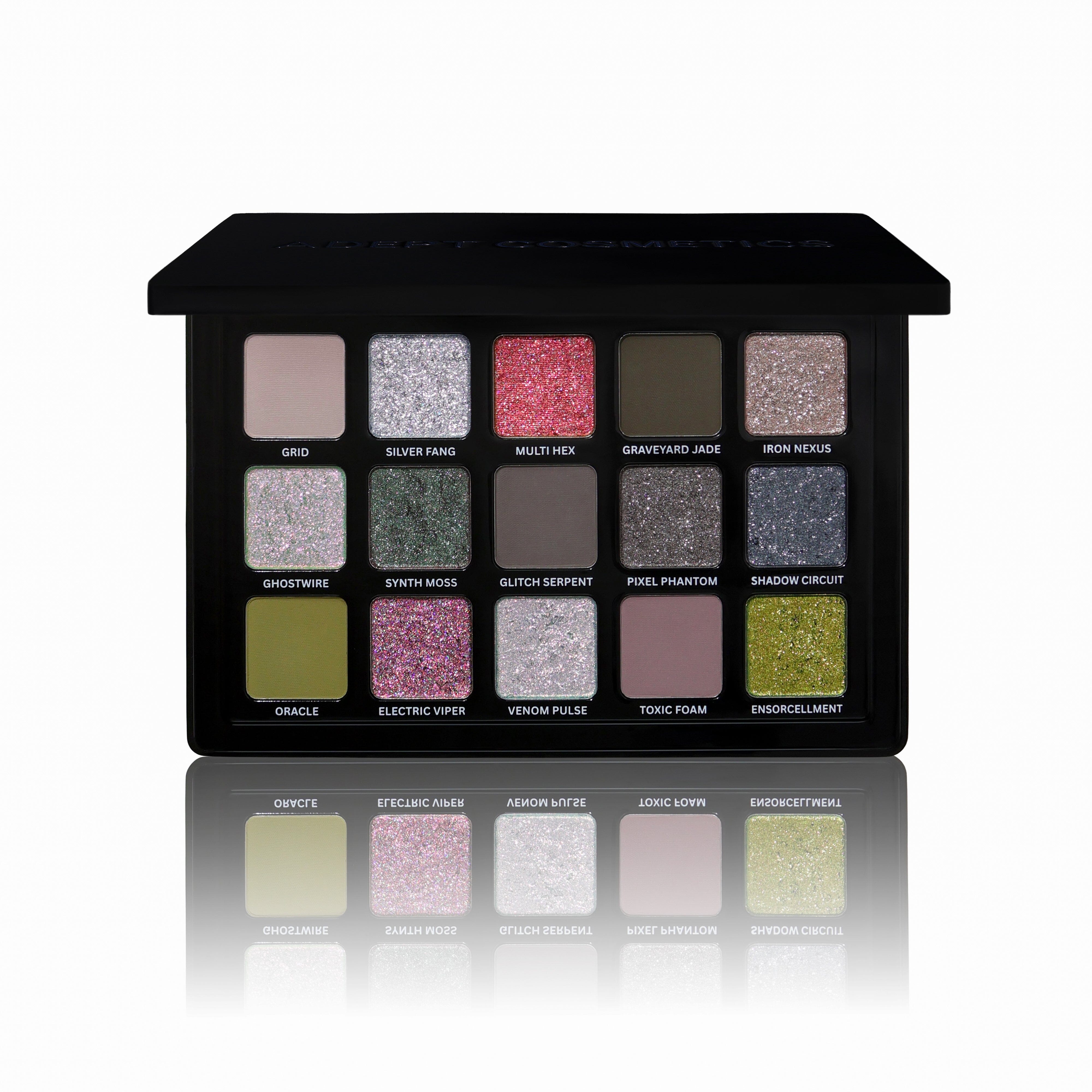 Makeup palette with various glittery shades on a white background