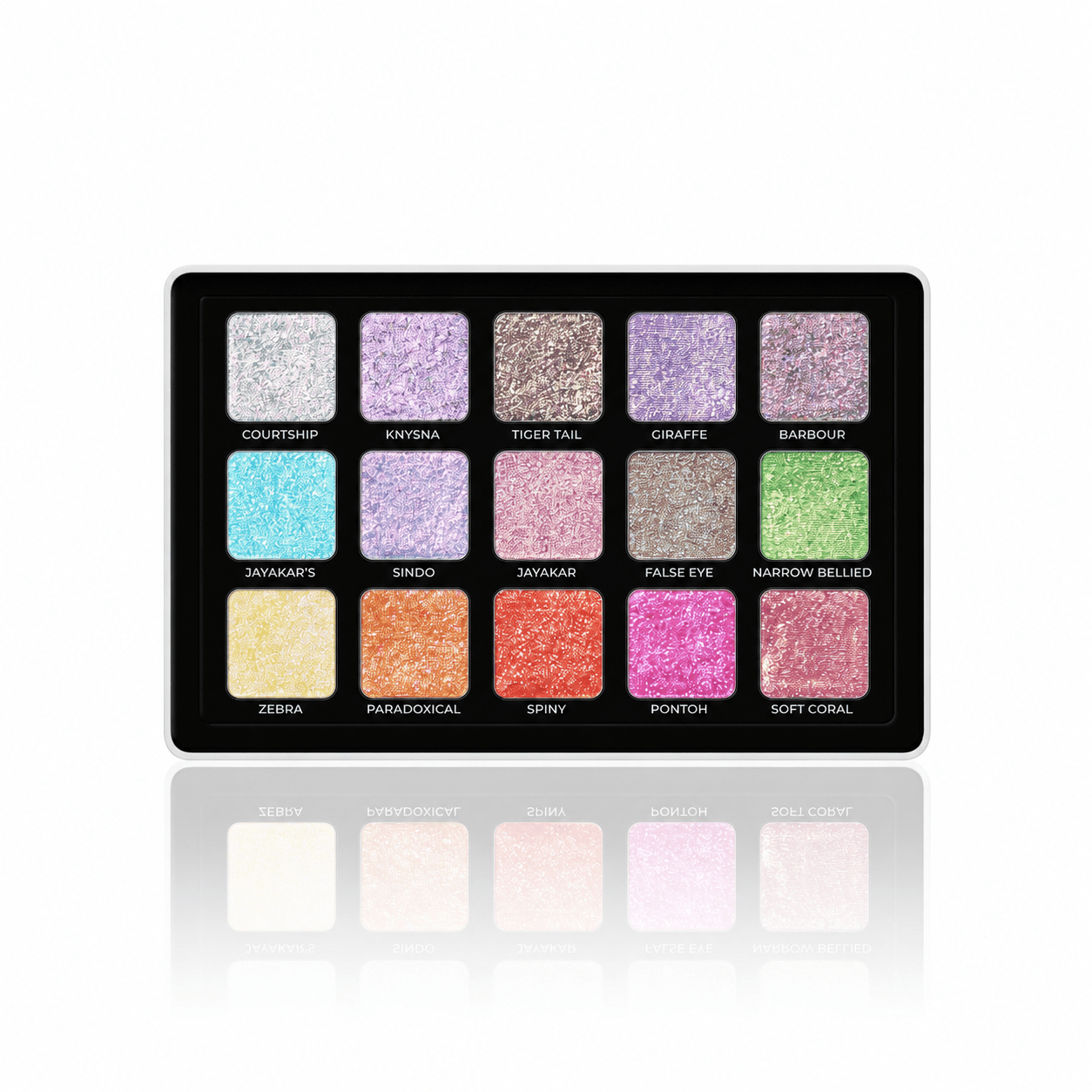 Makeup palette with colorful glittery shades on a white background