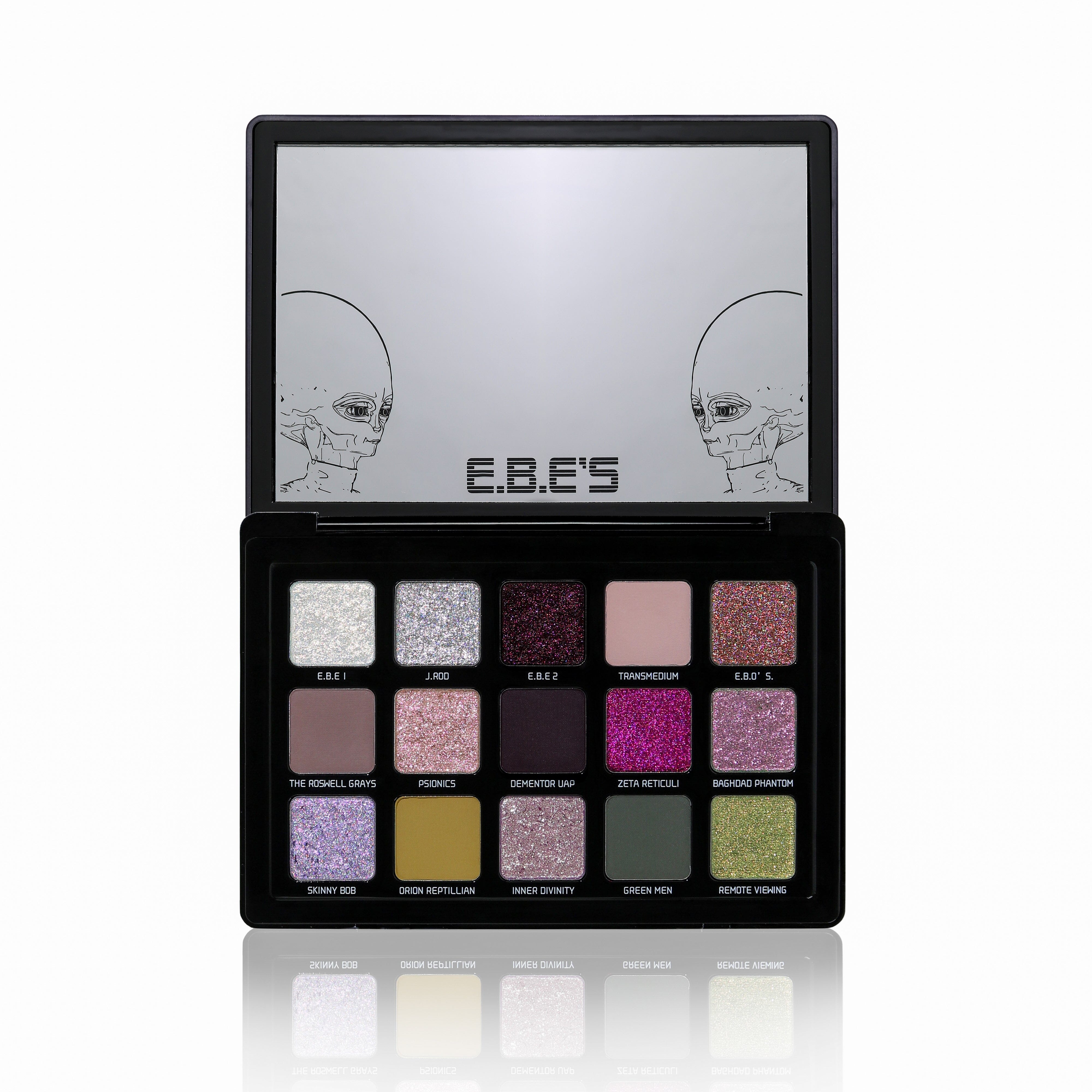 Makeup palette with colorful shades and 'F.B.E.' branding on a white background