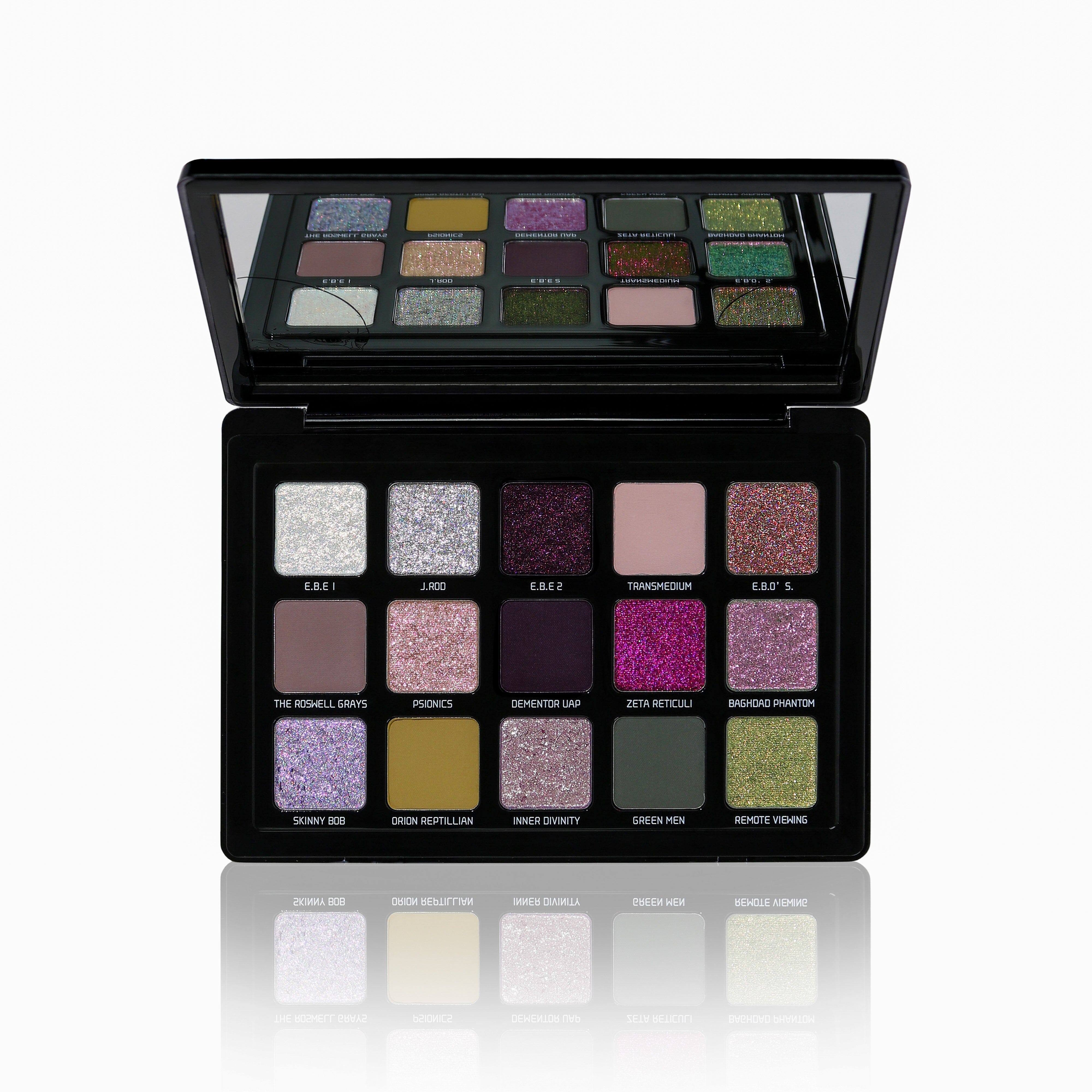 Makeup palette with various colors on a white background