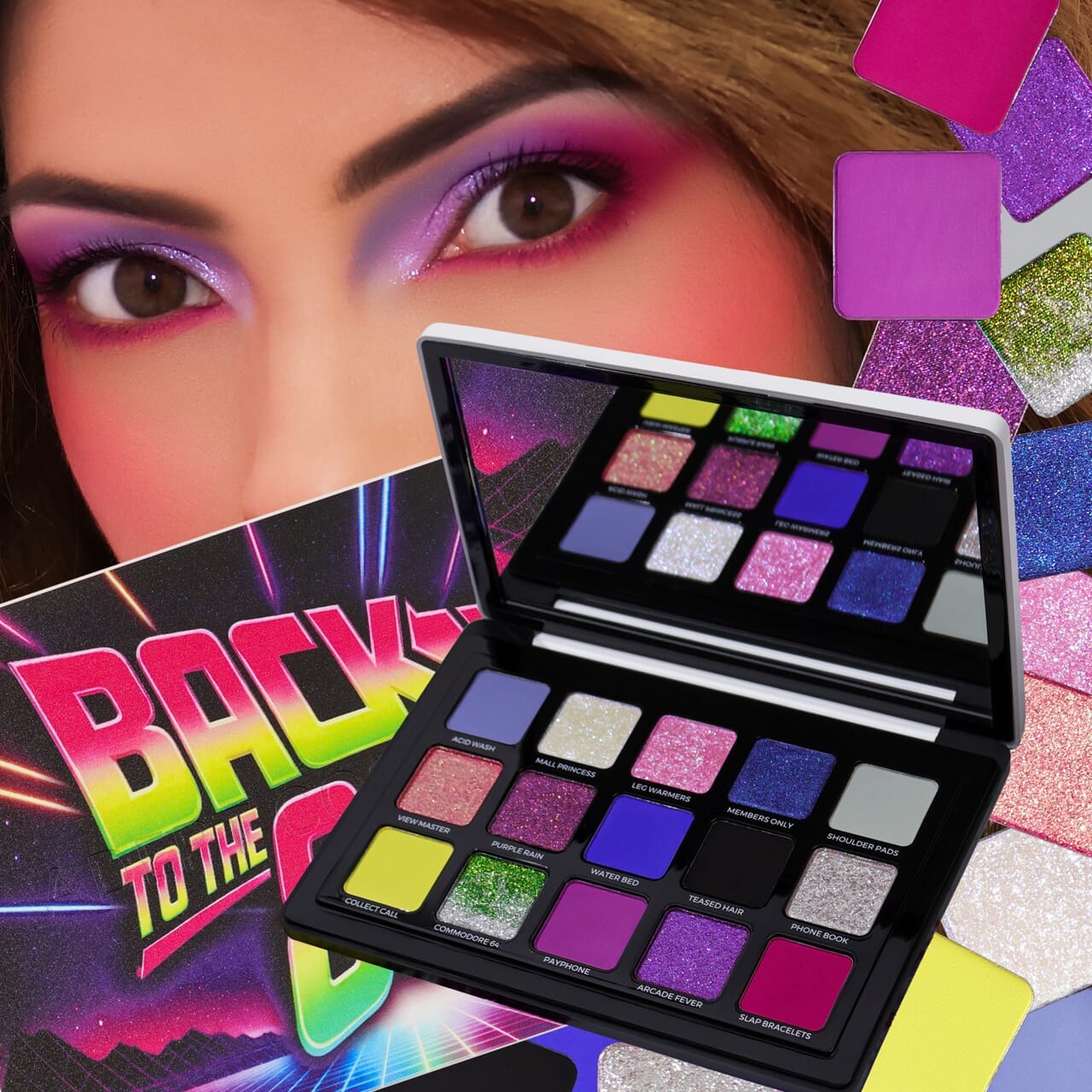A 16-shade eyeshadow palette shown open, with a model's face partially visible in the background wearing matching purple and pink eye makeup. The palette contains a mix of matte, shimmer, and glitter shades in vibrant colors, and is set against a collage of colorful swatches and packaging.