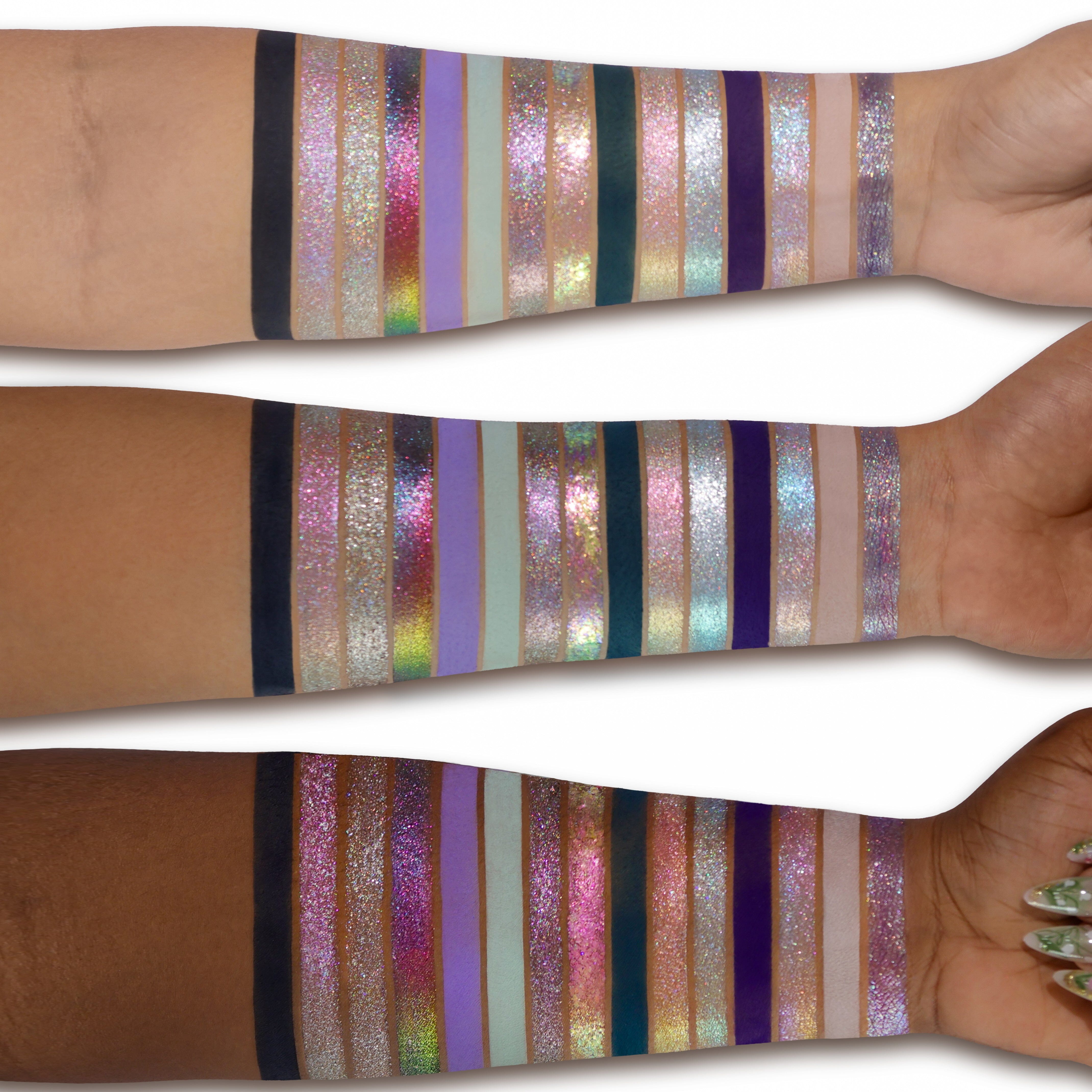 Multicolored striped arm sleeve of Sapphire Selene by Adept Cosmetics on a person's arm against a white background