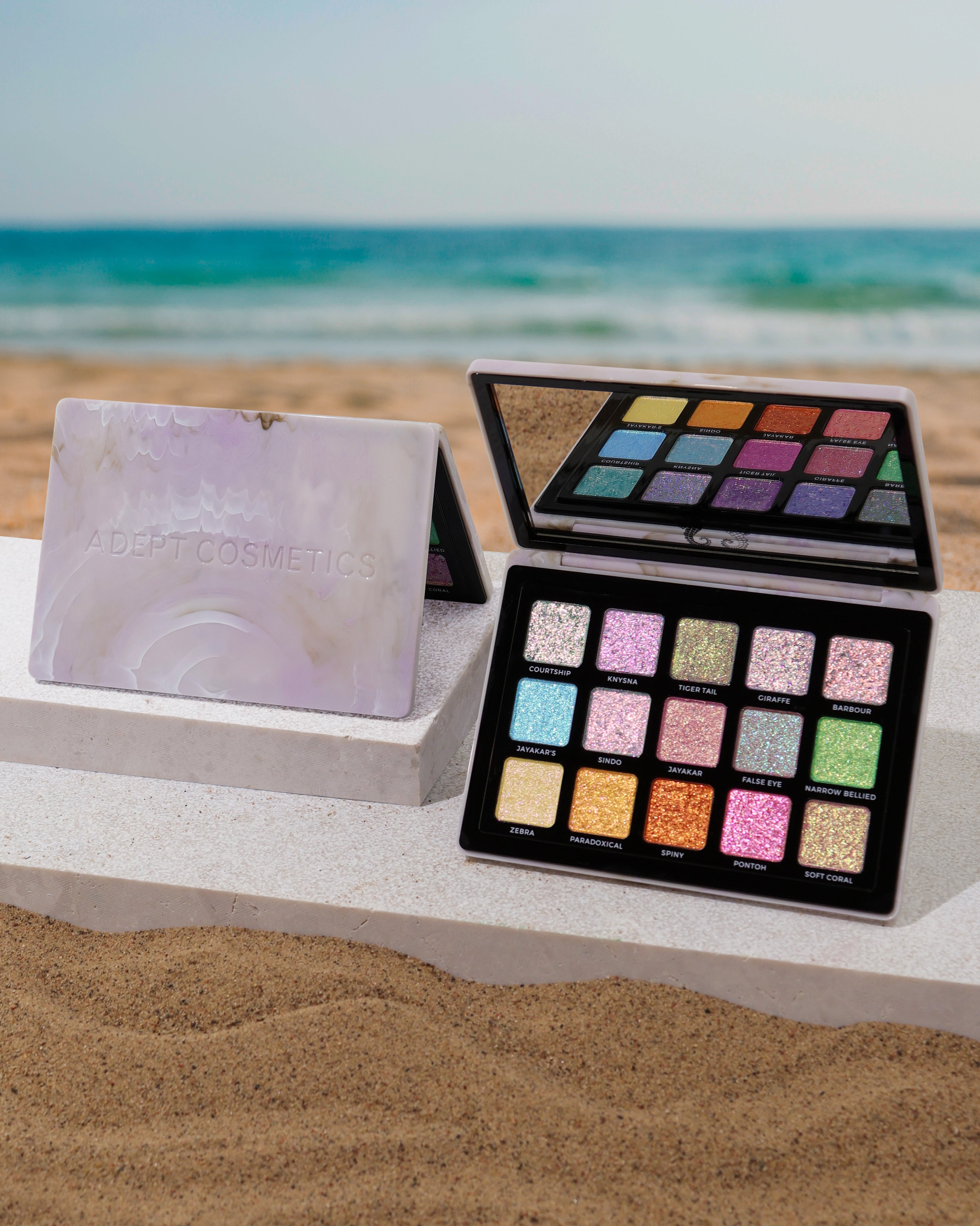 An open and closed Aesop Cosmetics eyeshadow palette displayed on a white concrete block at the beach, with sand and the ocean in the background.