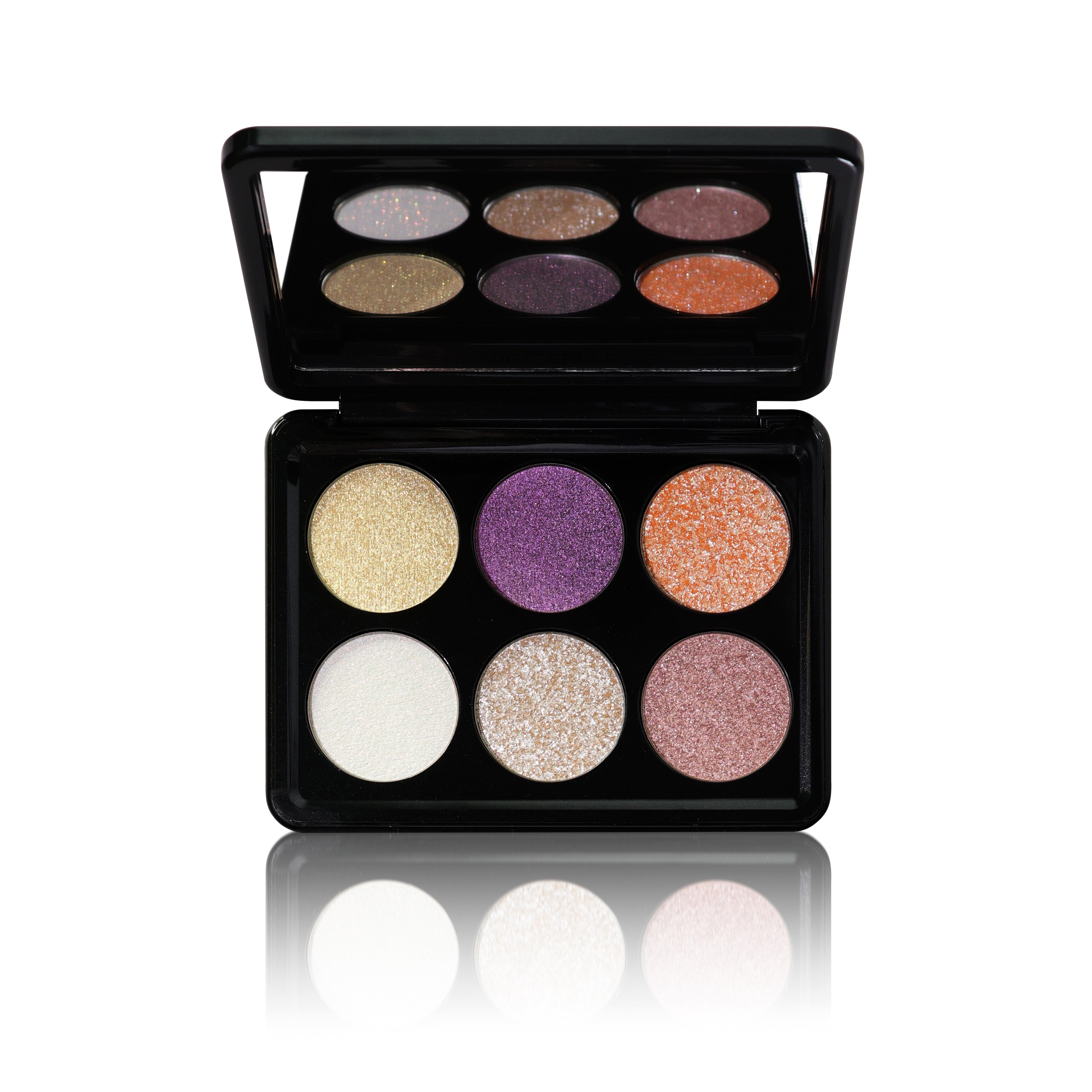 Makeup eyeshadow palette with various colors on a white background