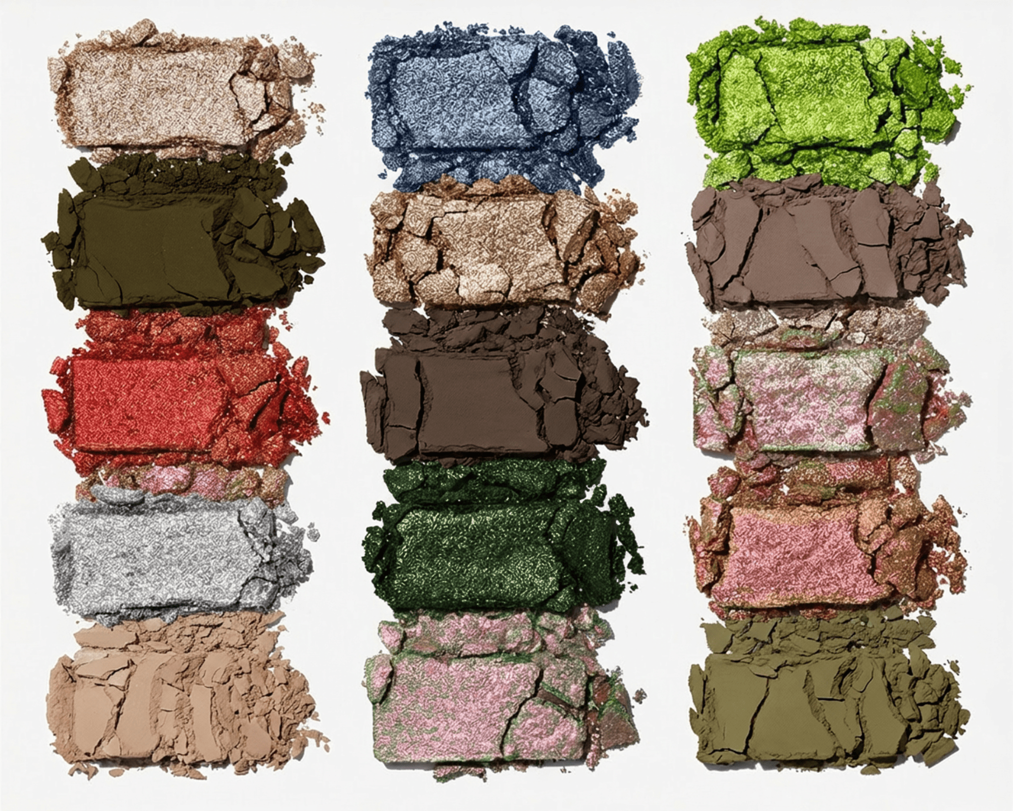 Stack of colorful eyeshadow shades on a white background