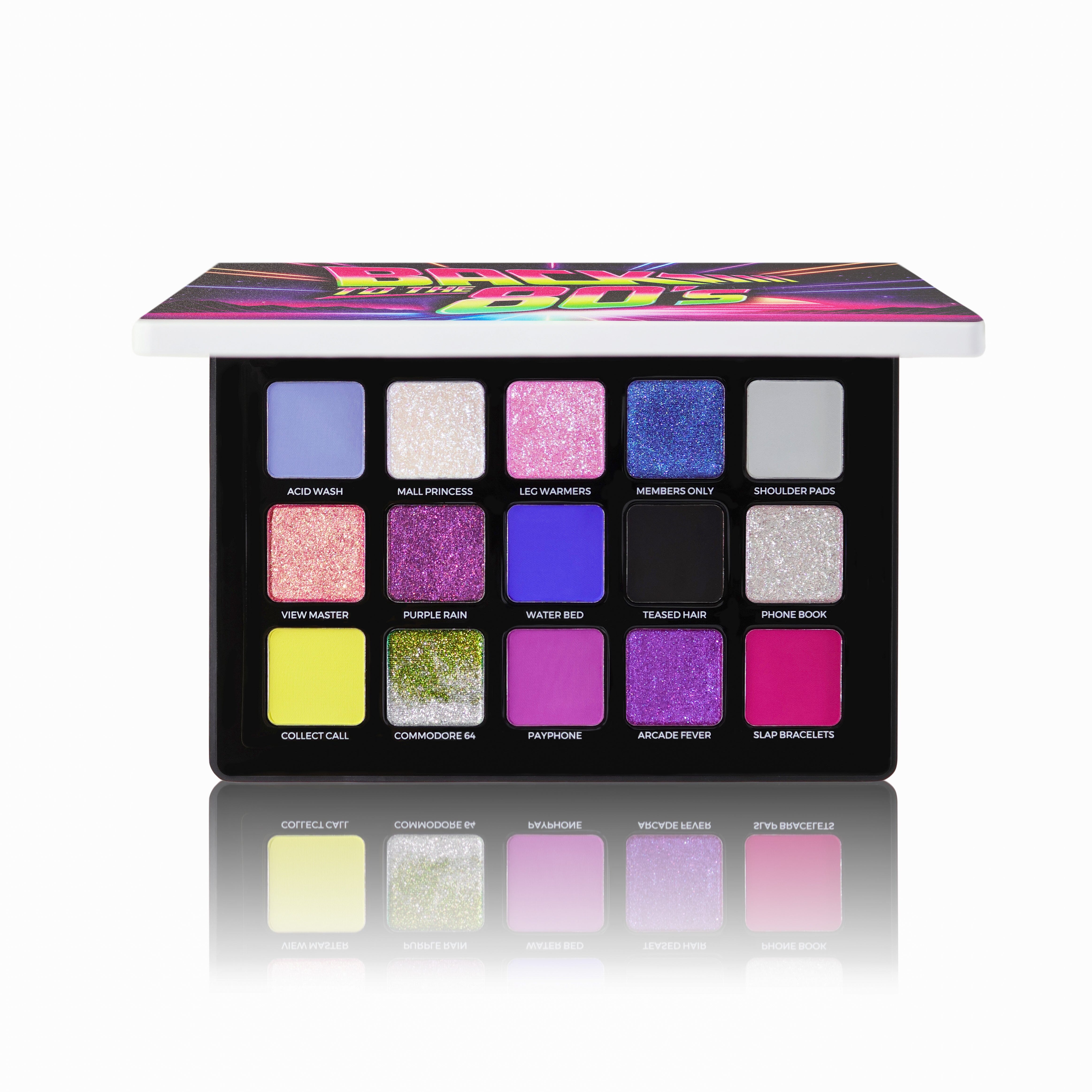 A 16-shade eyeshadow palette with a colorful lid reading 'EYES 2025' and a black case displaying the shades. The palette is shown open on a clean white background with a soft reflection below.