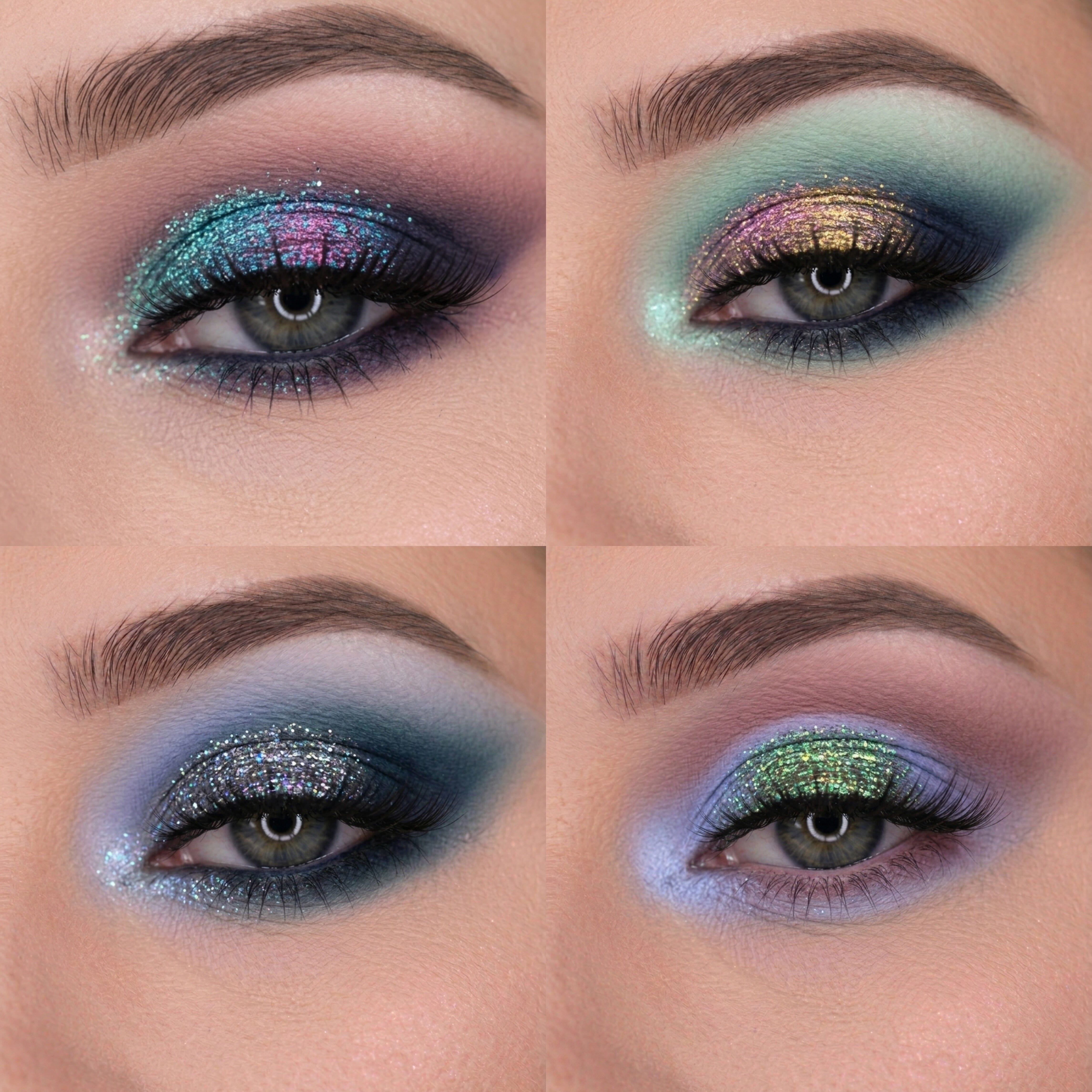 Four different eye makeup looks on a person's eyes.