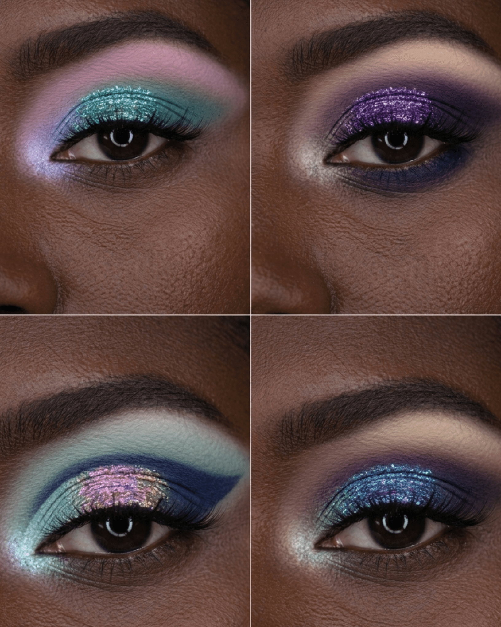 Collage of four close-up shots of eyes with different colorful eyeshadow looks.
